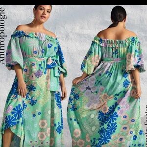 Anthropologie Green and Blue Floral Maxi Dress